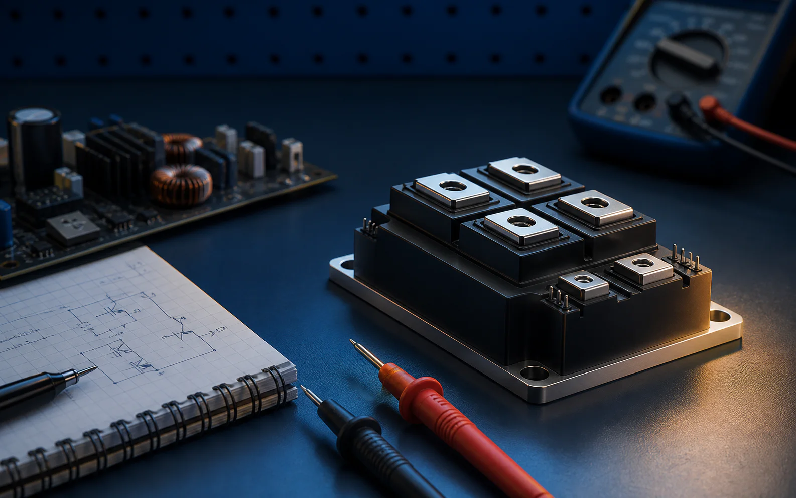 ماژول قدرت IGBT روی میز کار مهندسی در کنار مولتیمتر و مدار الکترونیکی
